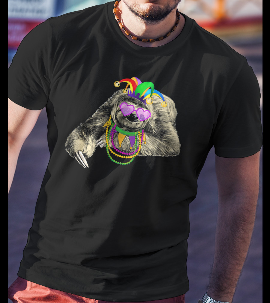 Funny Mardi Gras Jester Sloth With Beads And Mask T-Shirt