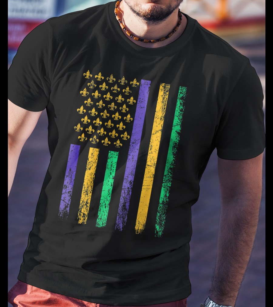 Vintage USA Flag Mardi Gras Fleur De Lis Stripes T-Shirt