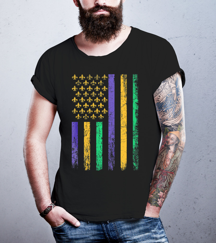 Vintage USA Flag Mardi Gras Fleur De Lis Stripes T-Shirt
