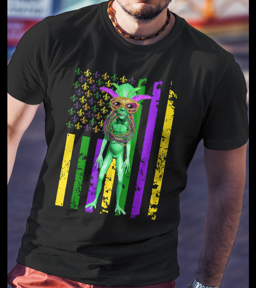 Mardi Gras Alien With Beads And Mask On American Flag T-Shirt