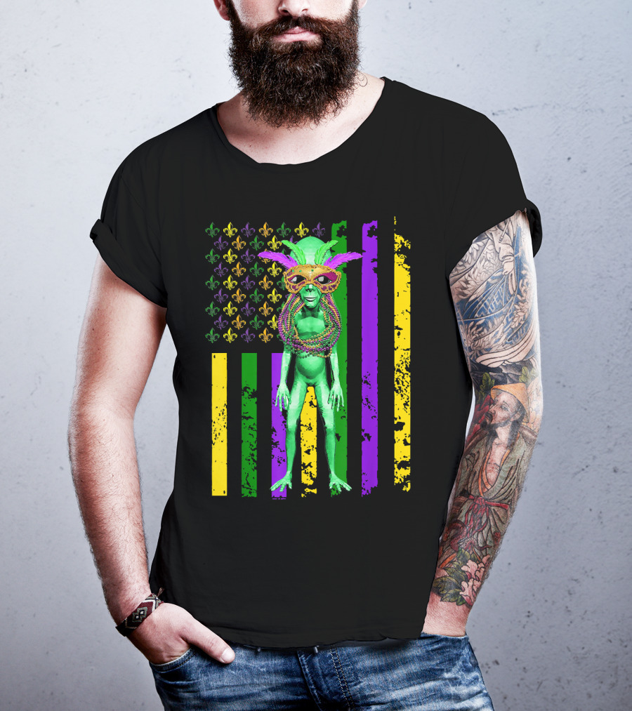 Mardi Gras Alien With Beads And Mask On American Flag T-Shirt