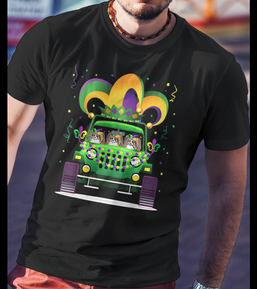 Papillon Dogs In Festive Mardi Gras Jeep Parade T-Shirt