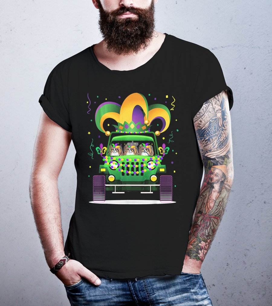 Papillon Dogs In Festive Mardi Gras Jeep Parade T-Shirt