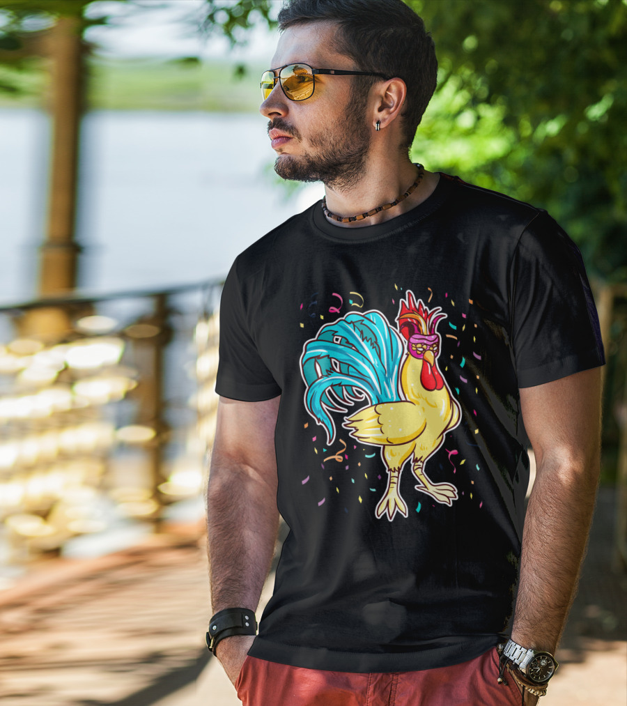 Chicken Mardi Gras Carnival Rooster With Colorful Feathers And Confetti T-Shirt