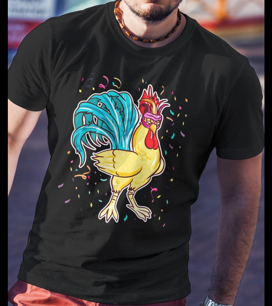 Chicken Mardi Gras Carnival Rooster With Colorful Feathers And Confetti T-Shirt