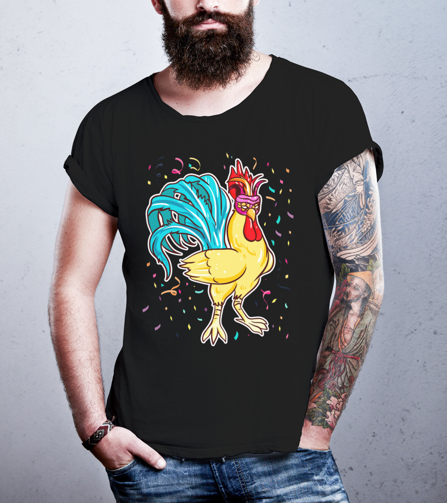 Chicken Mardi Gras Carnival Rooster With Colorful Feathers And Confetti T-Shirt