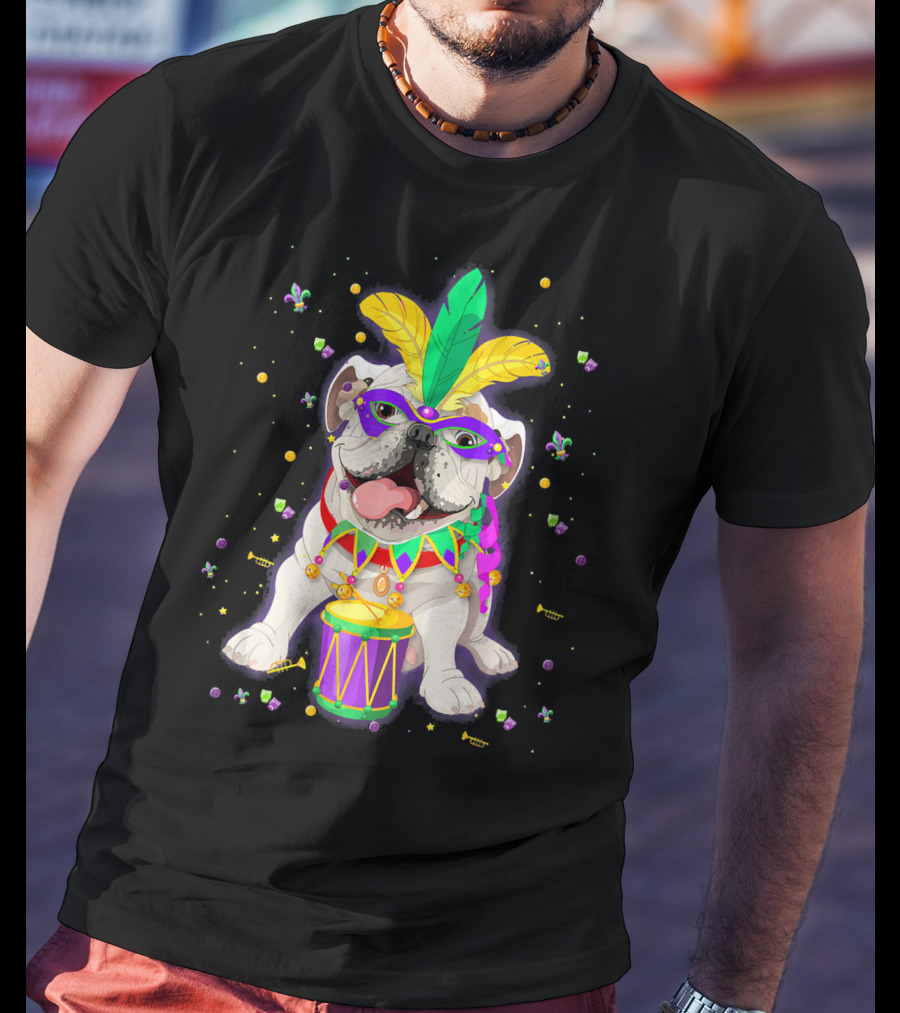 Mardi Gras Bulldog With Mask Beads And Drum T-Shirt