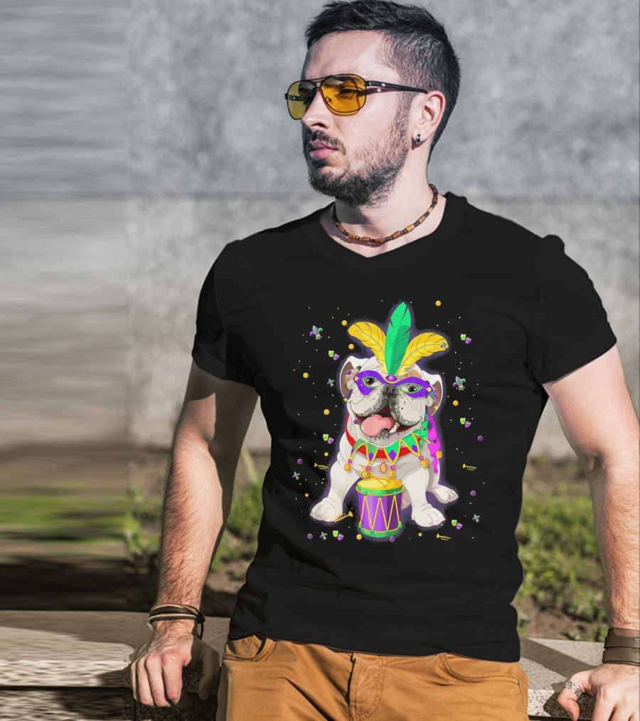 Mardi Gras Bulldog With Mask Beads And Drum T-Shirt
