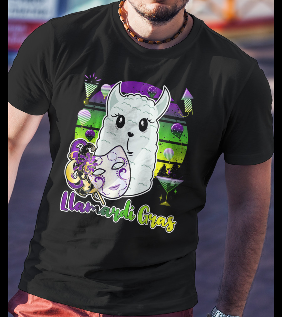 Llamardi Gras Mardi Gras Carnival Mask And Llama With Cocktail And Party Elements T-Shirt