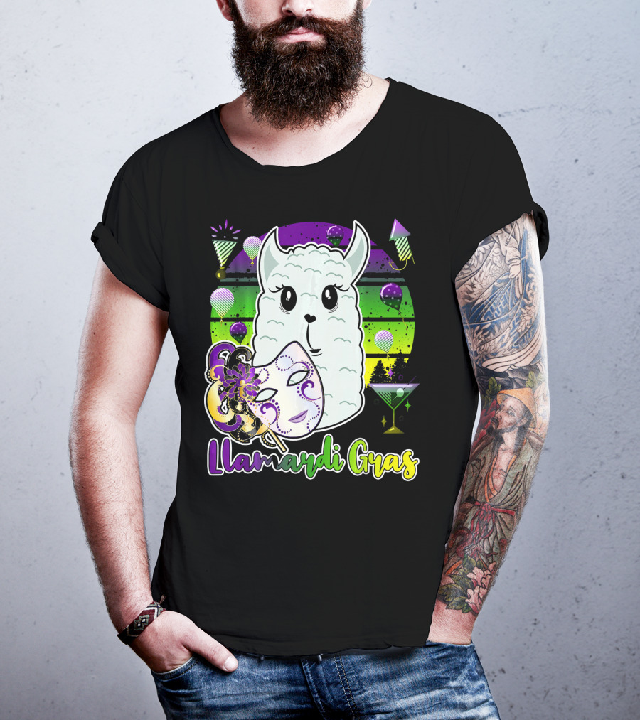 Llamardi Gras Mardi Gras Carnival Mask And Llama With Cocktail And Party Elements T-Shirt