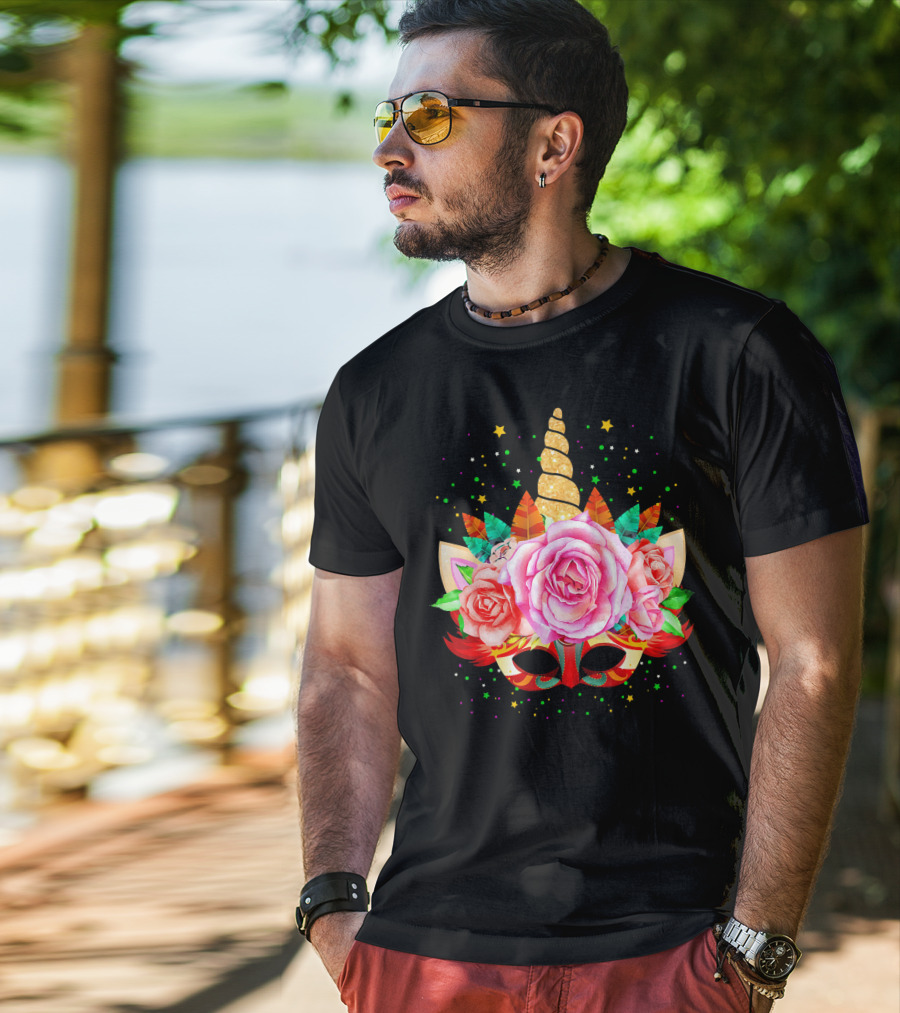 Mardi Gras Unicorn Mask With Roses And Feathers T-Shirt
