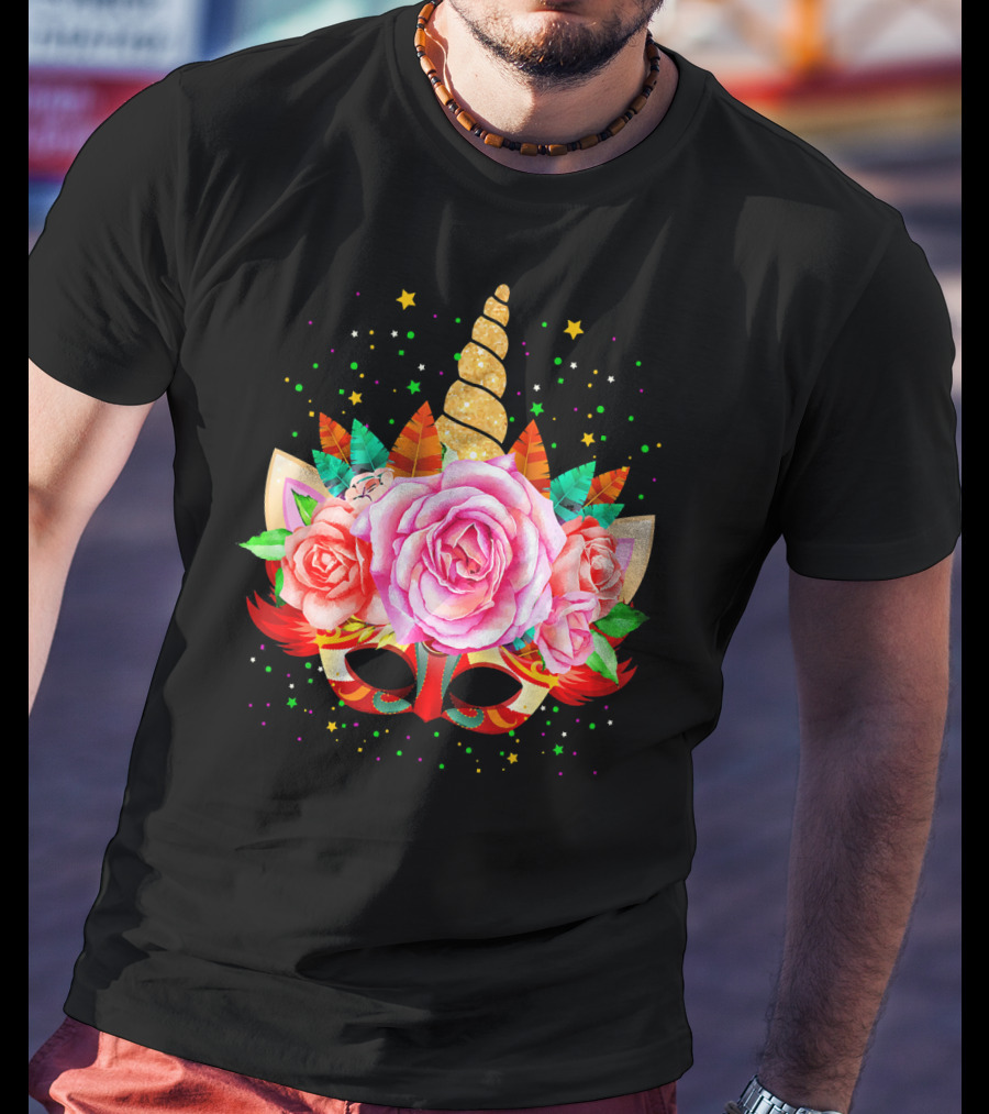 Mardi Gras Unicorn Mask With Roses And Feathers T-Shirt