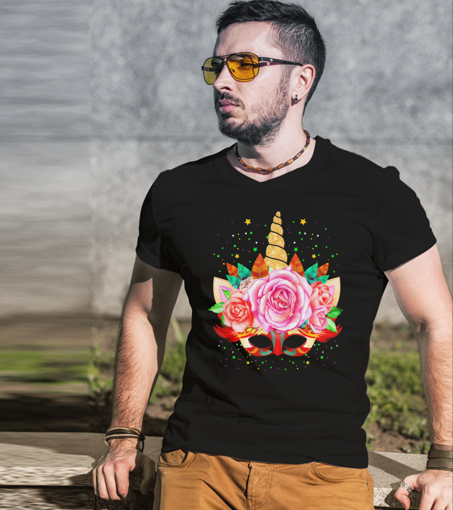 Mardi Gras Unicorn Mask With Roses And Feathers T-Shirt