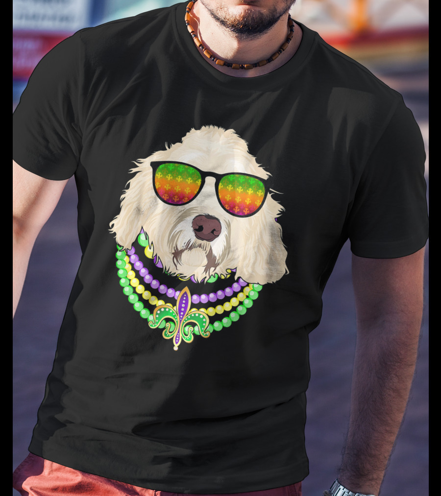 Goldendoodle In Beads And Shades Mardi Gras Fleur-de-Lis T-Shirt