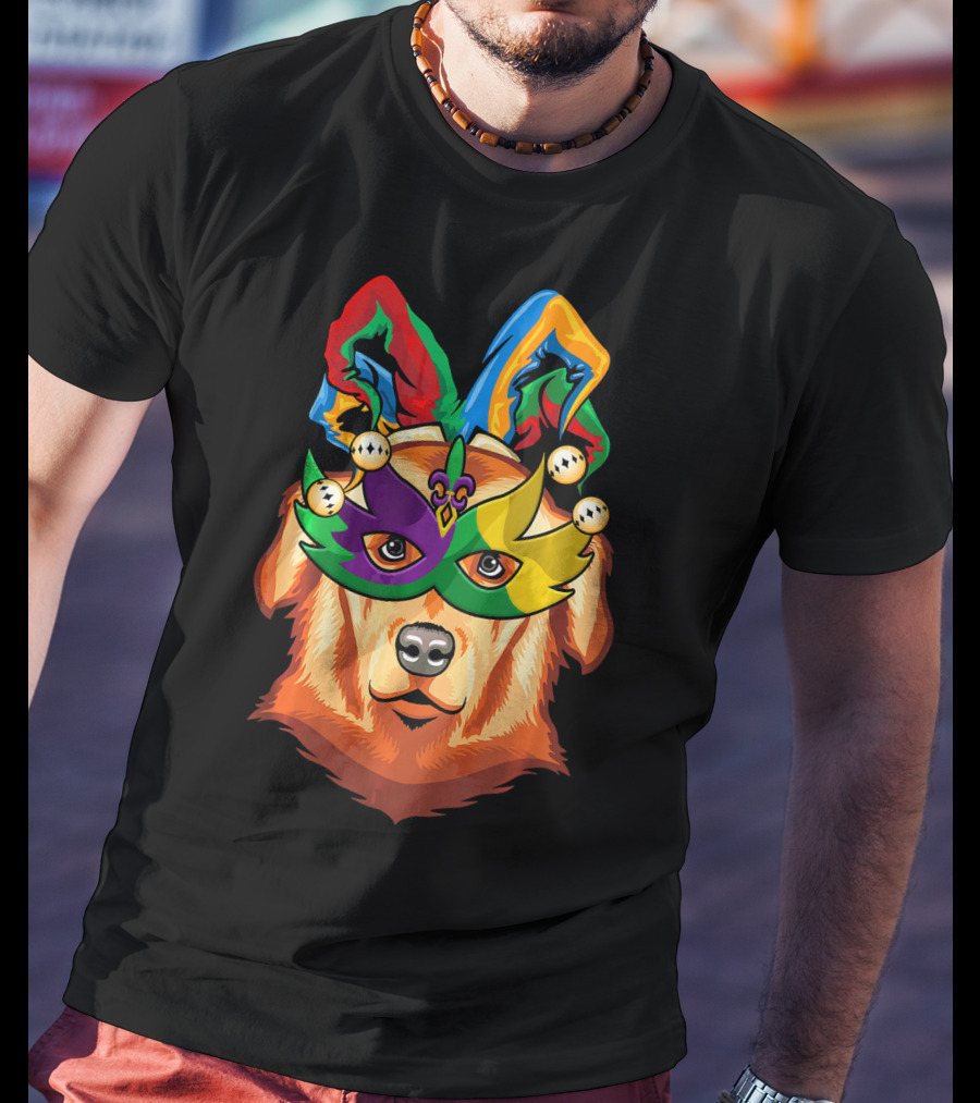 Golden Retriever Jester Mask Mardi Gras Beads Fleur-de-Lis T-Shirt