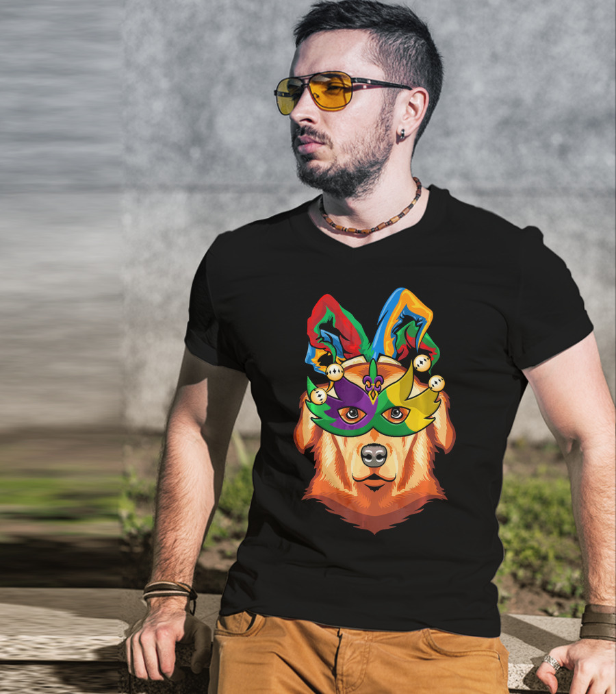 Golden Retriever Jester Mask Mardi Gras Beads Fleur-de-Lis T-Shirt