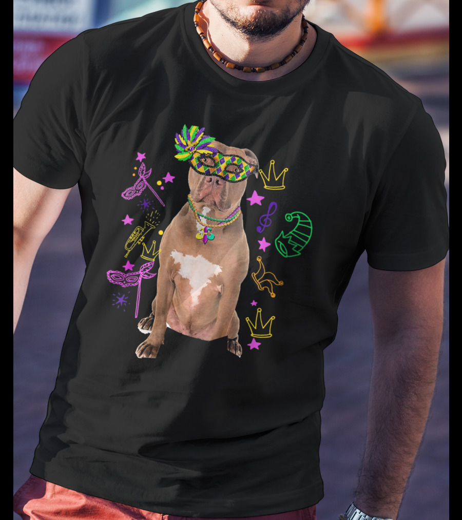 Pit Bull Mardi Gras Dog Mom Party Festive Mask Beads Crowns Music Notes T-Shirt
