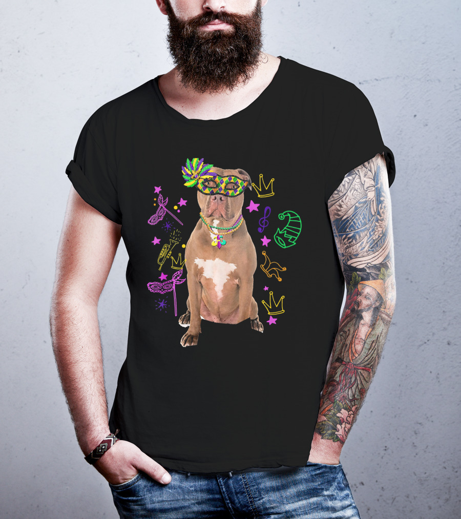 Pit Bull Mardi Gras Dog Mom Party Festive Mask Beads Crowns Music Notes T-Shirt