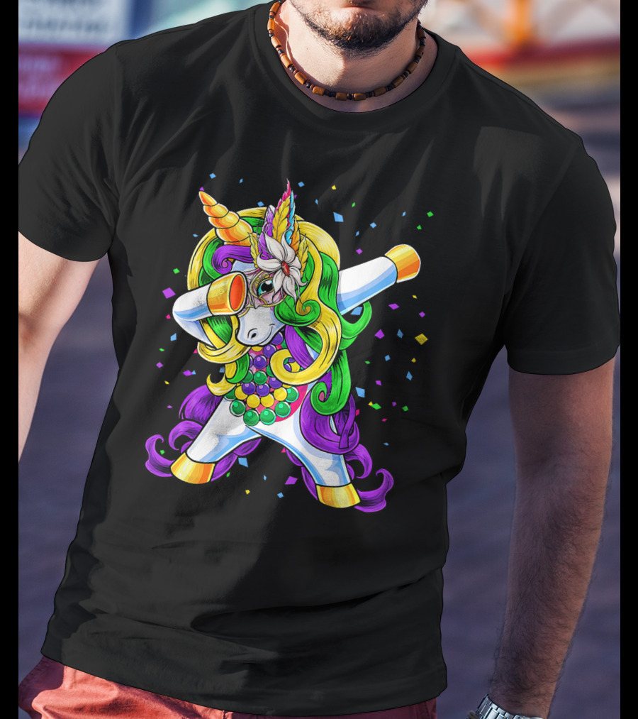 Dabbing Unicorn Mardi Gras Beads With Colorful Confetti T-Shirt