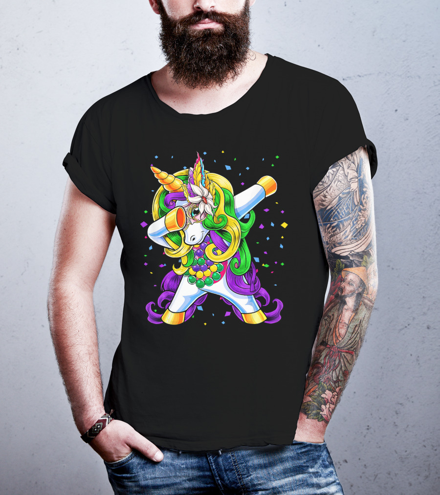 Dabbing Unicorn Mardi Gras Beads With Colorful Confetti T-Shirt