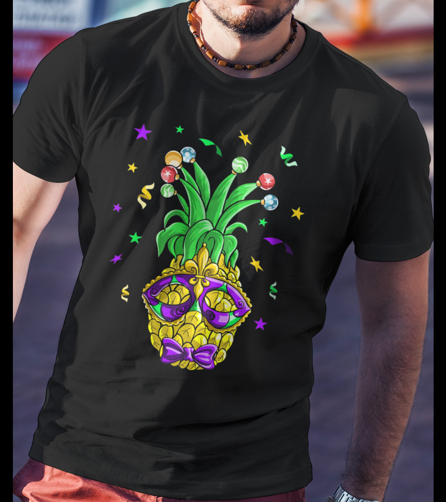 Pineapple Mardi Gras Mask With Stars And Party Confetti T-Shirt