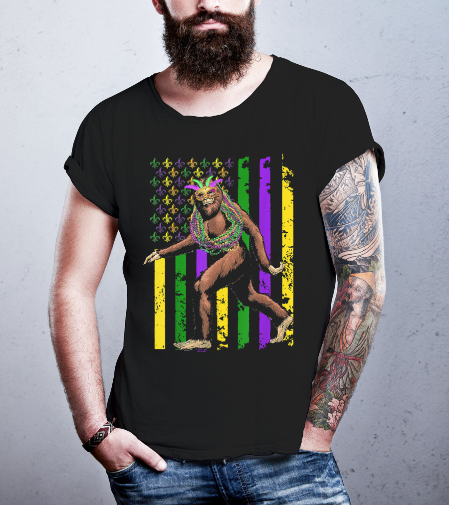Bigfoot Mardi Gras Beads Fleur-de-Lis American Flag Stripes T-Shirt
