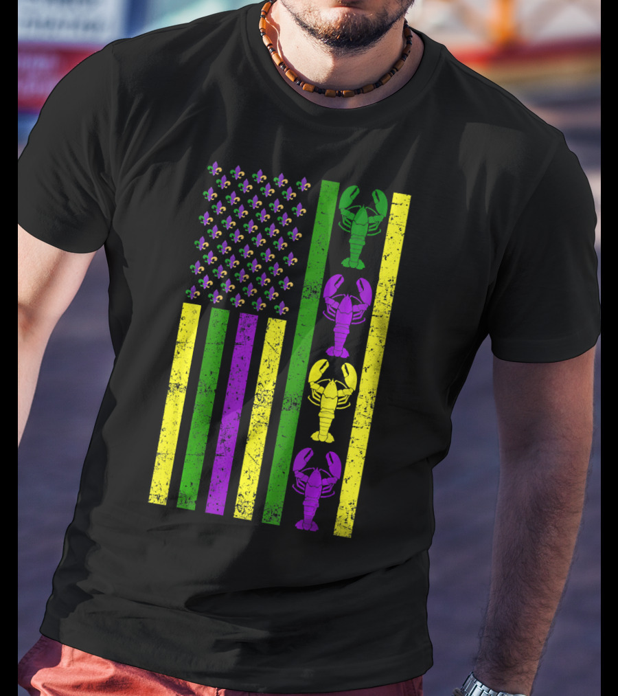 US Mardi Gras New Orleans Crawfish Fleur-de-Lis Flag T-Shirt