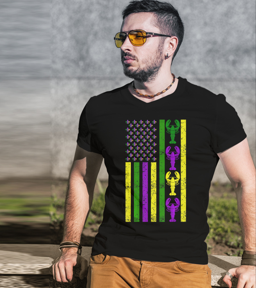 US Mardi Gras New Orleans Crawfish Fleur-de-Lis Flag T-Shirt