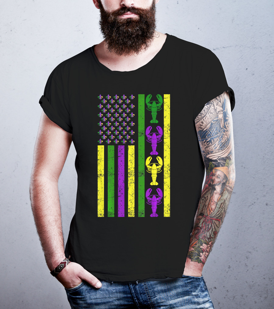 US Mardi Gras New Orleans Crawfish Fleur-de-Lis Flag T-Shirt