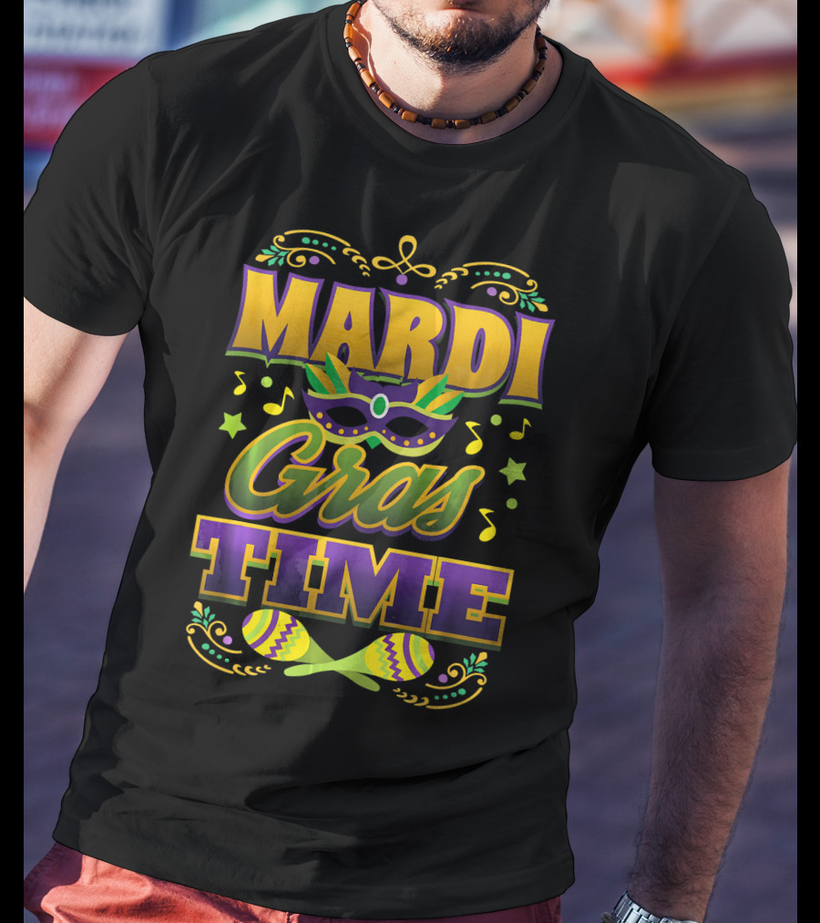 Mardi Gras Time Mask Music Notes Maracas T-Shirt