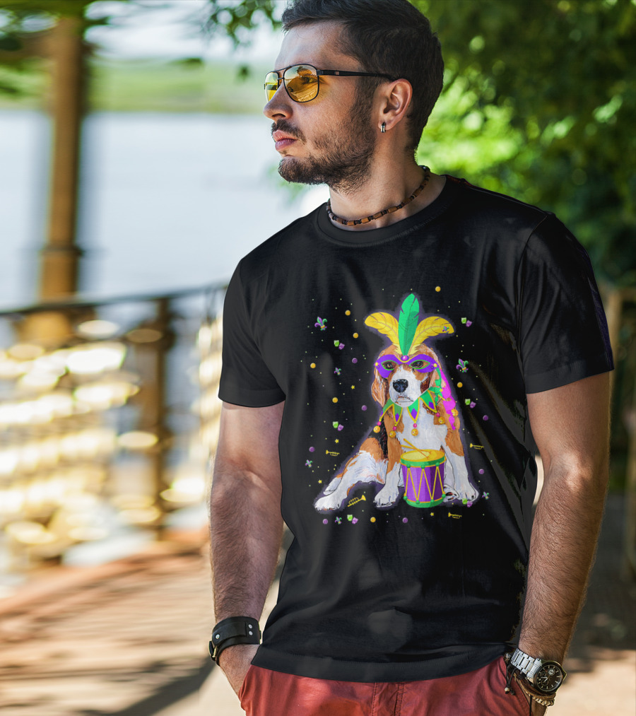 Mardi Gras Beagle In Mask With Feathers And Drum T-Shirt