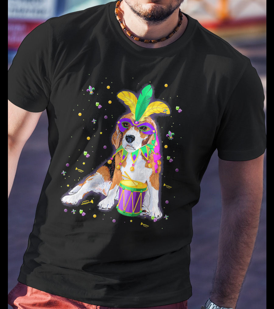 Mardi Gras Beagle In Mask With Feathers And Drum T-Shirt