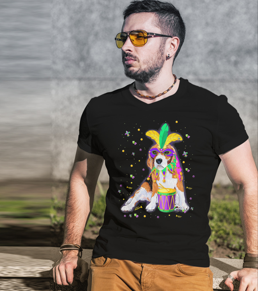 Mardi Gras Beagle In Mask With Feathers And Drum T-Shirt