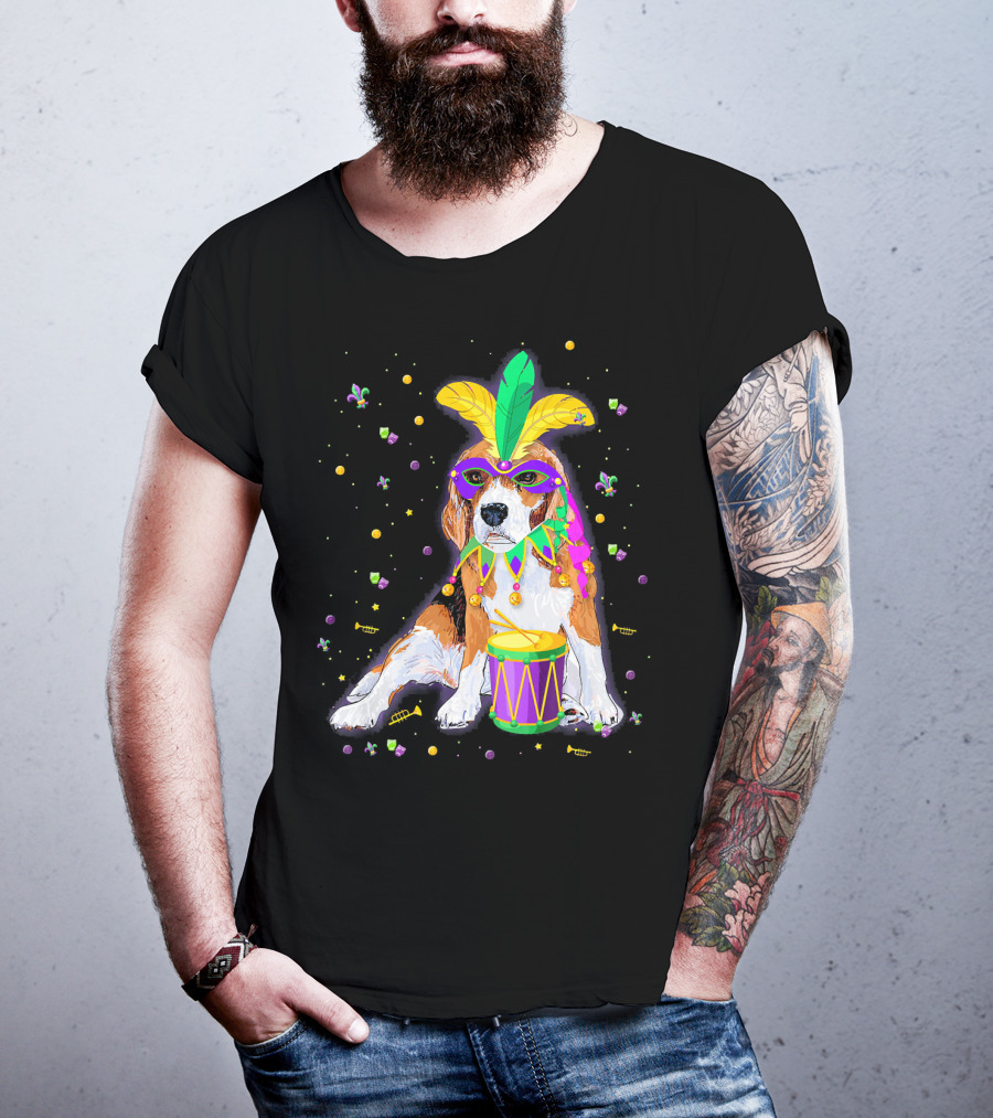 Mardi Gras Beagle In Mask With Feathers And Drum T-Shirt