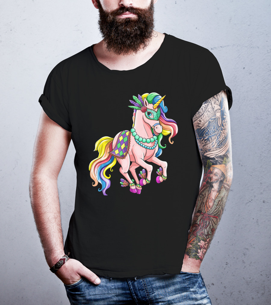 Kids Mardi Gras Unicorn With Colorful Mask And Beads T-Shirt