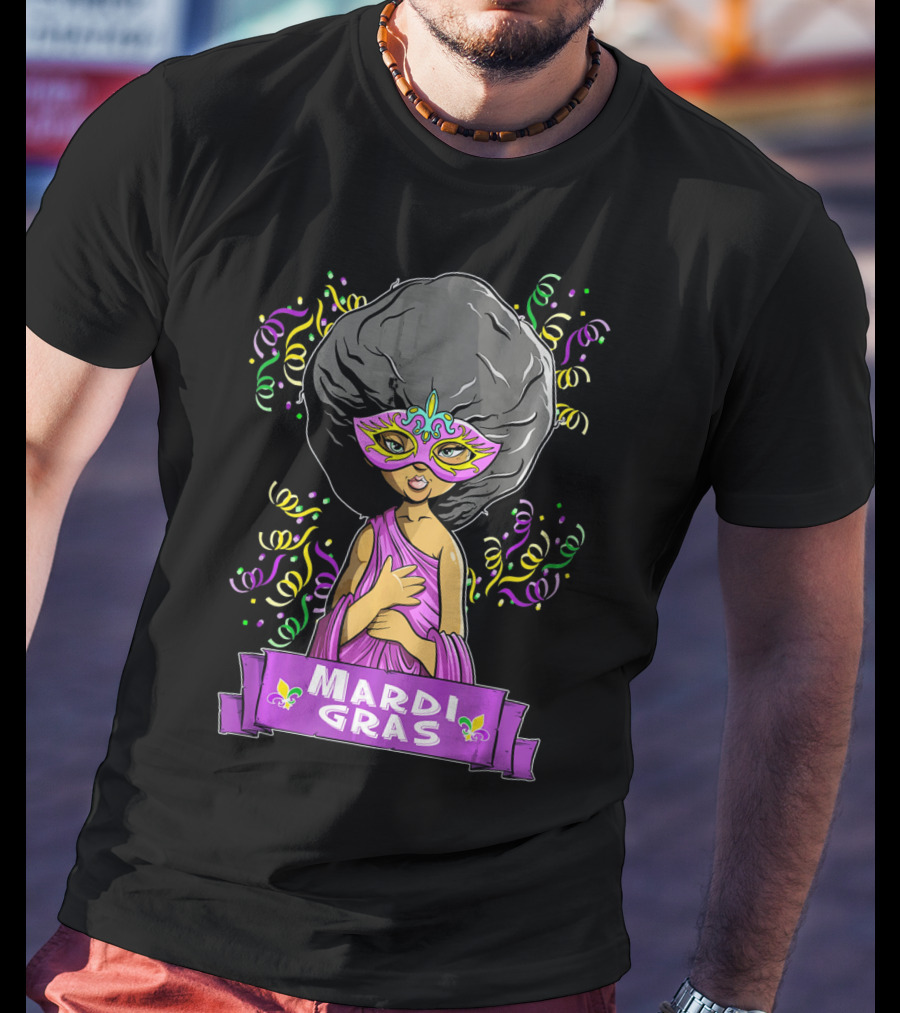 Mardi Gras Woman In Mask With Afro And Purple Dress T-Shirt