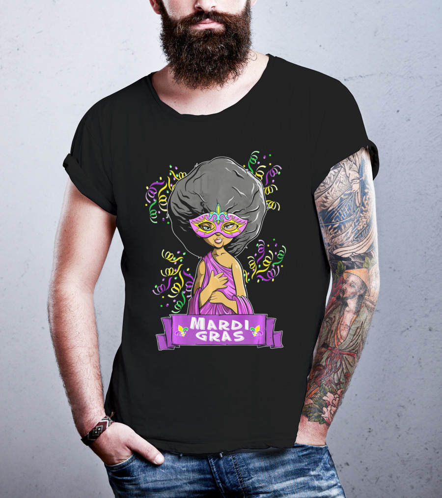 Mardi Gras Woman In Mask With Afro And Purple Dress T-Shirt