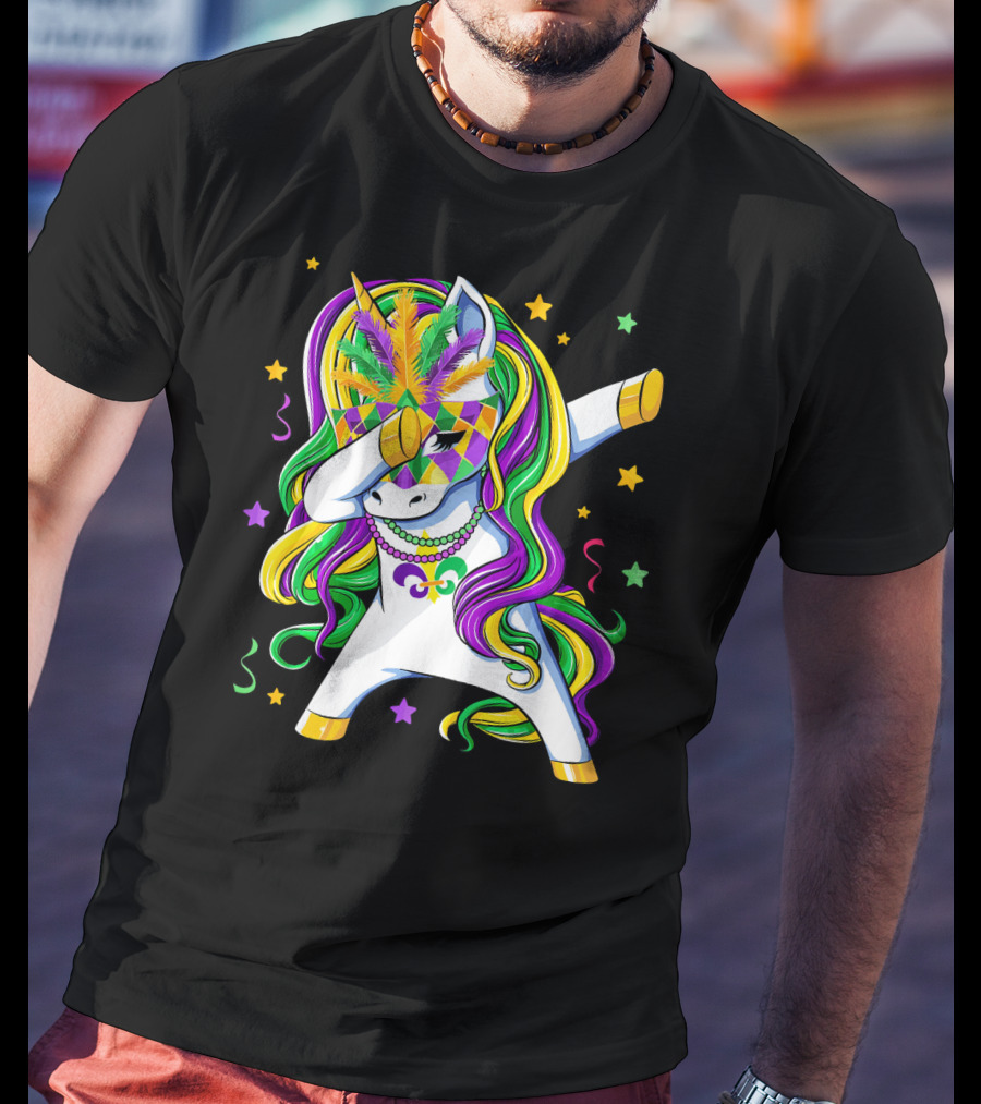 Dabbing Unicorn Mardi Gras Masquerade Beads Costume Carnival T-Shirt