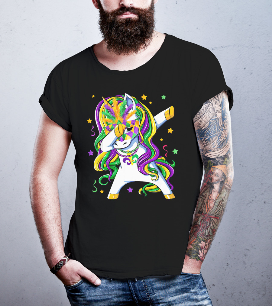 Dabbing Unicorn Mardi Gras Masquerade Beads Costume Carnival T-Shirt