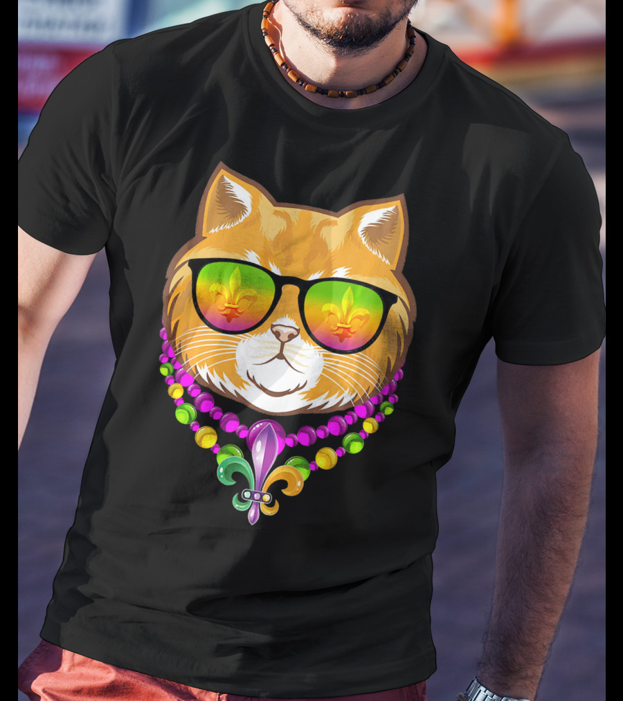 Mardi Gras Cat With Beads And Fleur-de-Lis Sunglasses T-Shirt
