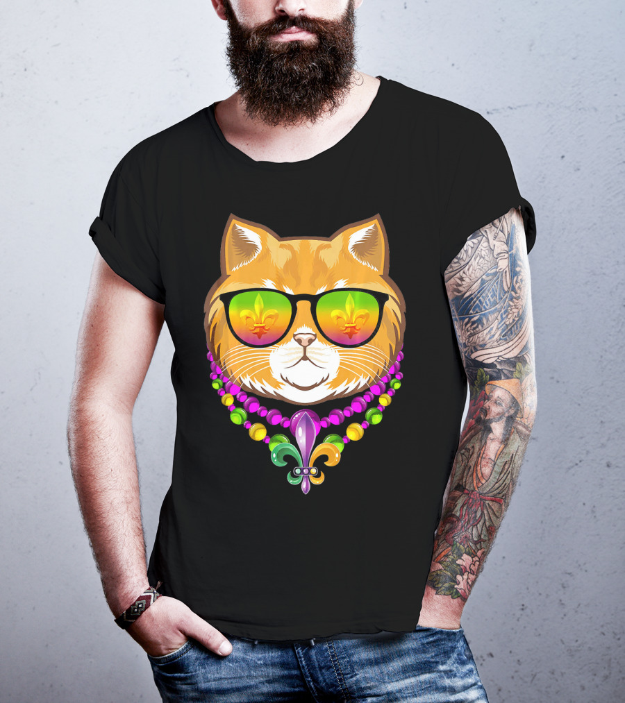 Mardi Gras Cat With Beads And Fleur-de-Lis Sunglasses T-Shirt