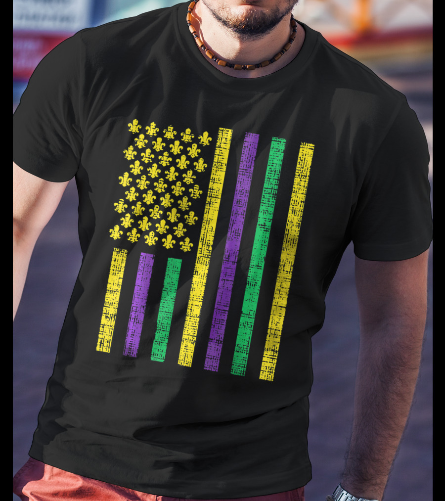 Purple Green Yellow Fleur-de-Lis US Flag Jester T-Shirt