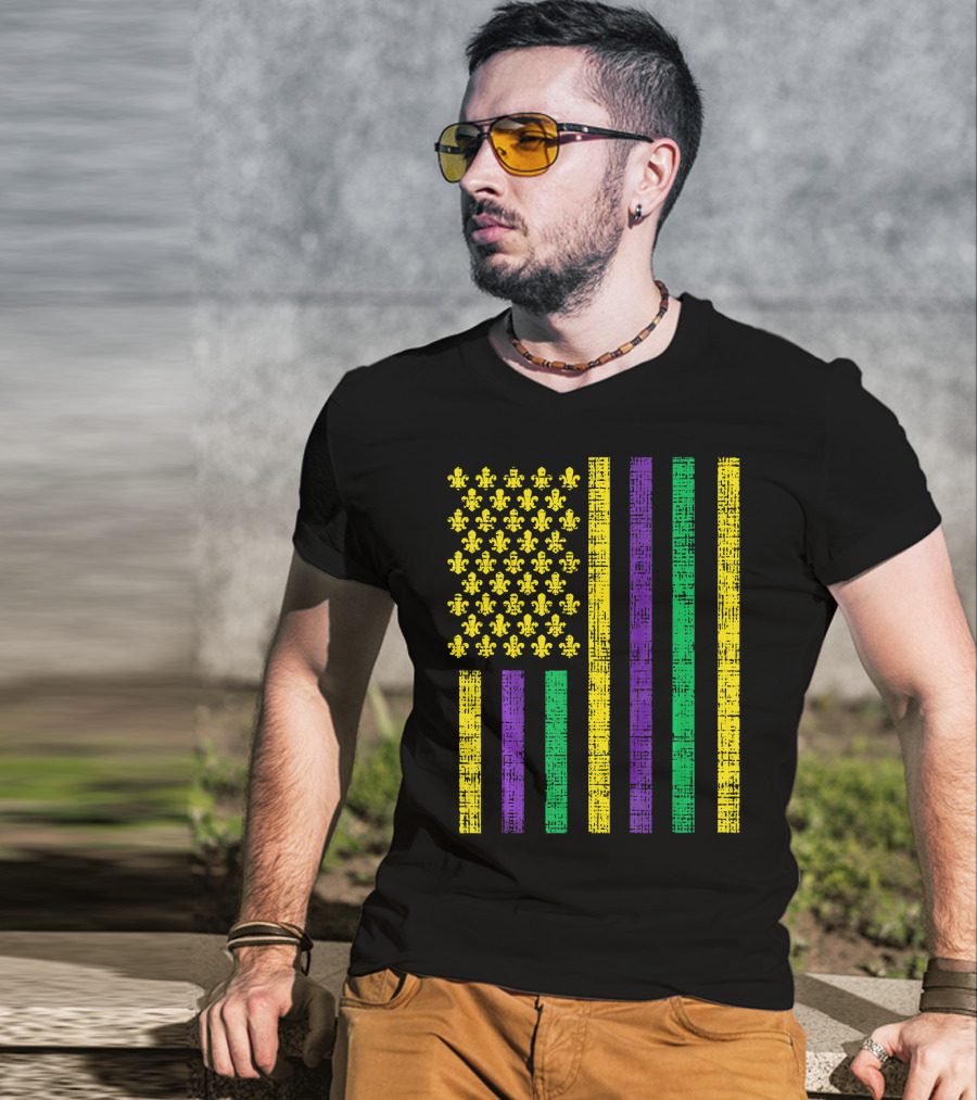 Purple Green Yellow Fleur-de-Lis US Flag Jester T-Shirt