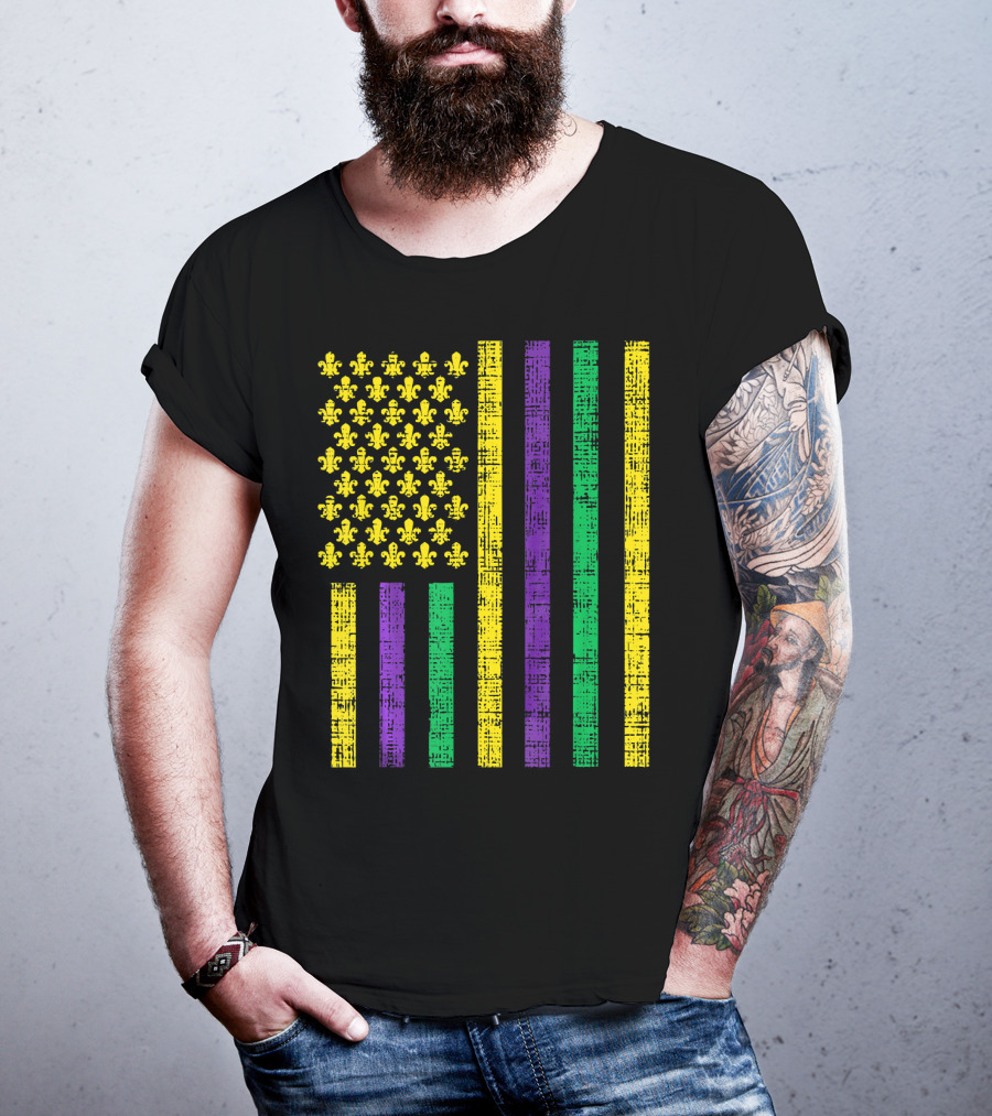 Purple Green Yellow Fleur-de-Lis US Flag Jester T-Shirt