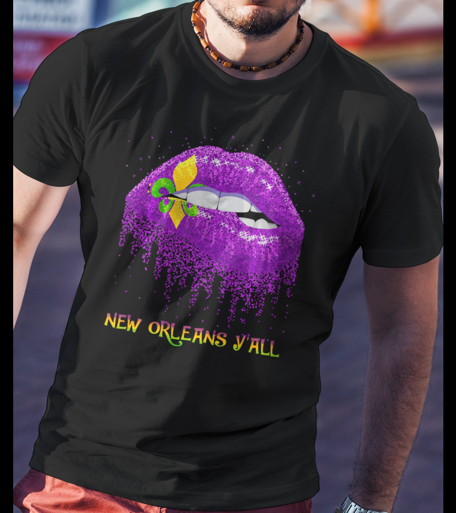 Fleur De Lys Purple Lips Biting New Orleans Y'all T-Shirt