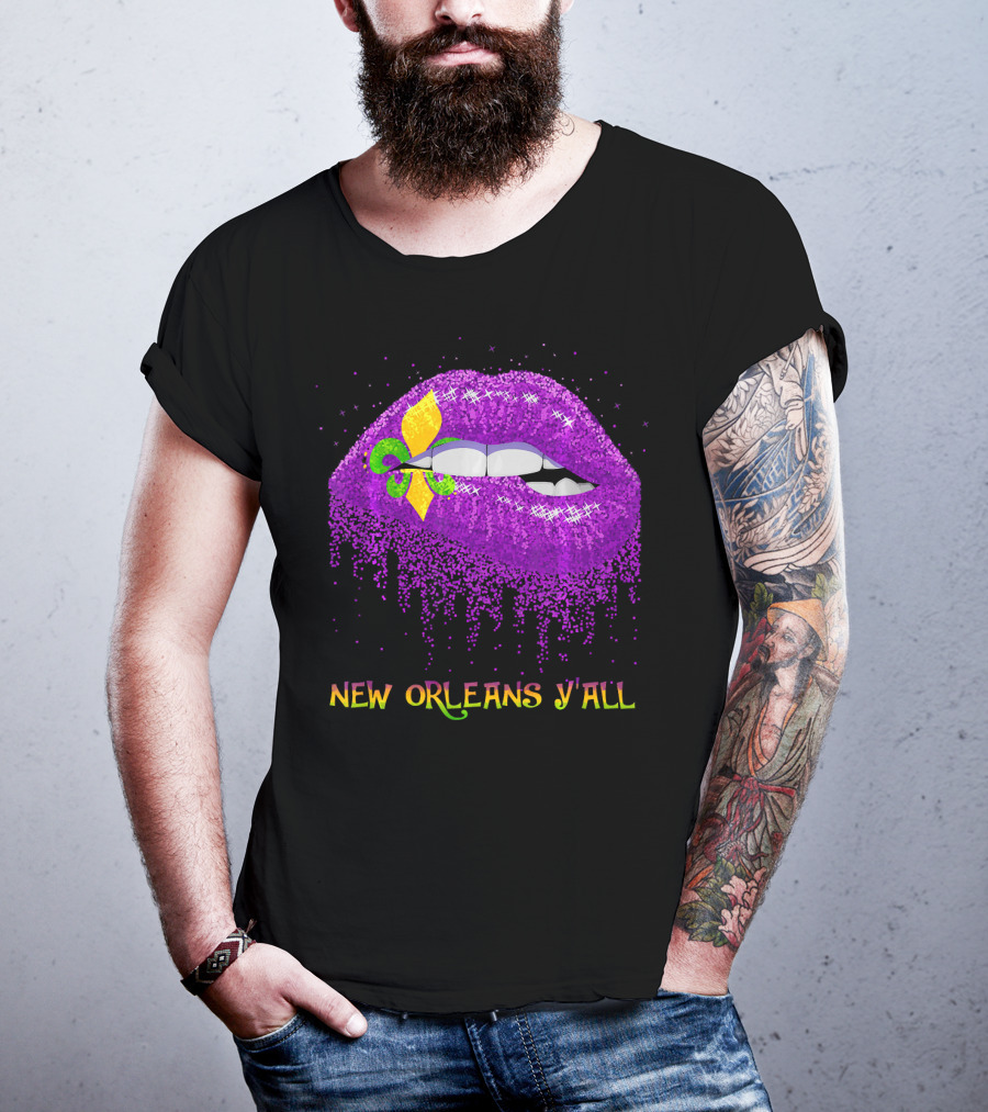 Fleur De Lys Purple Lips Biting New Orleans Y'all T-Shirt