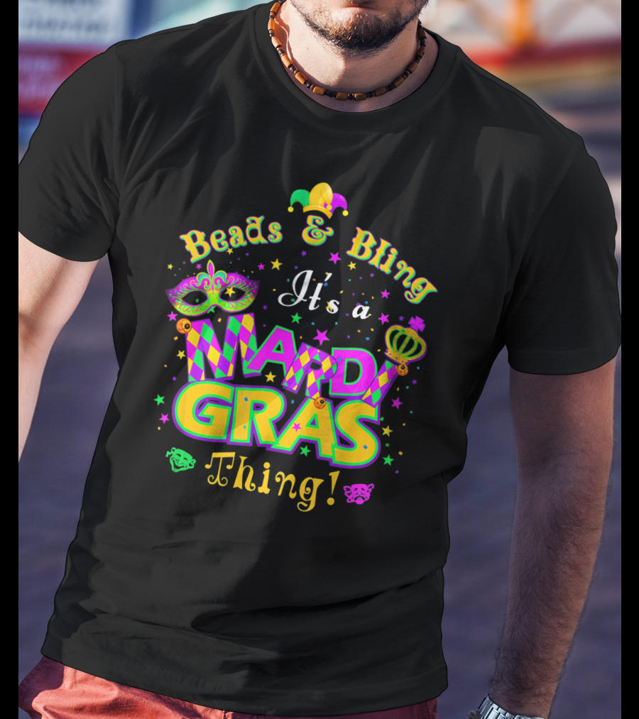 Beads And Bling It's A Mardi Gras Thing Mask Jester Crown Stars T-Shirt