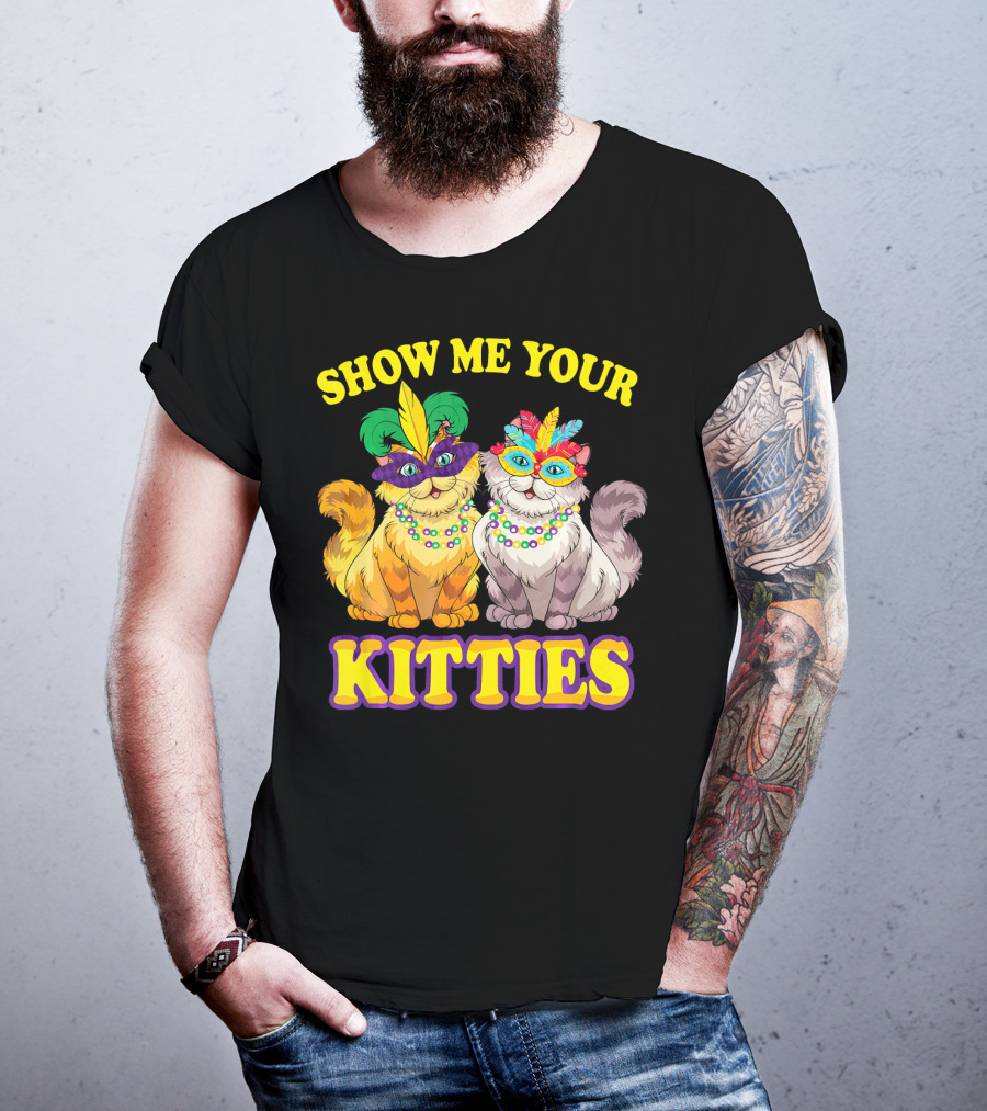 Show Me Your Kitties Mardi Gras Cats With Masks And Beads T-Shirt