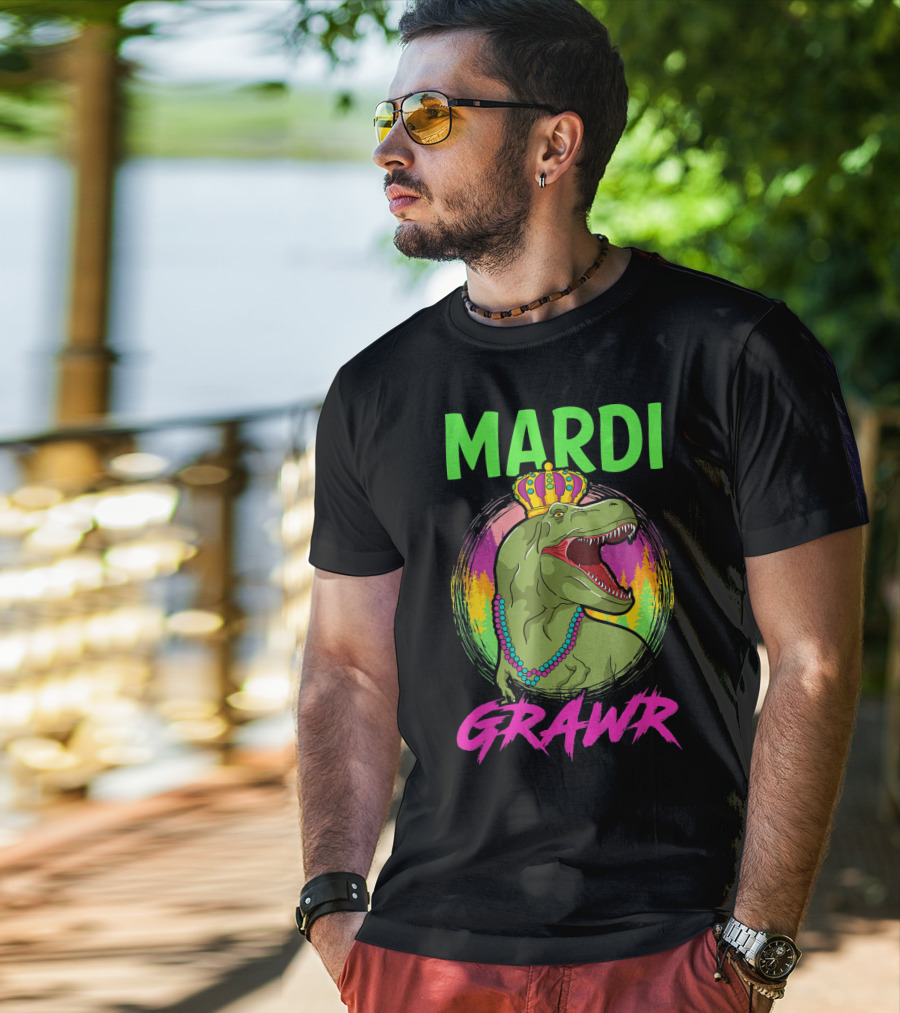 Mardi Grawr Rex Dinosaur In Beads And Crown With Rainbow Sunset T-Shirt