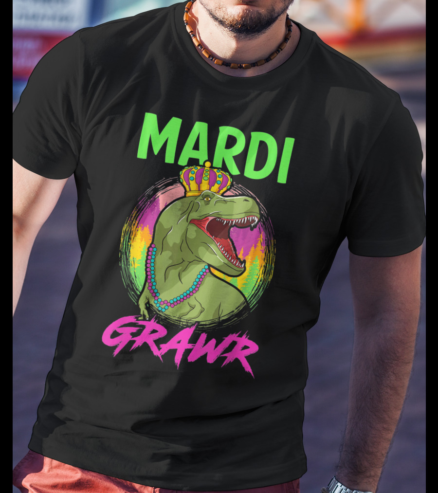Mardi Grawr Rex Dinosaur In Beads And Crown With Rainbow Sunset T-Shirt